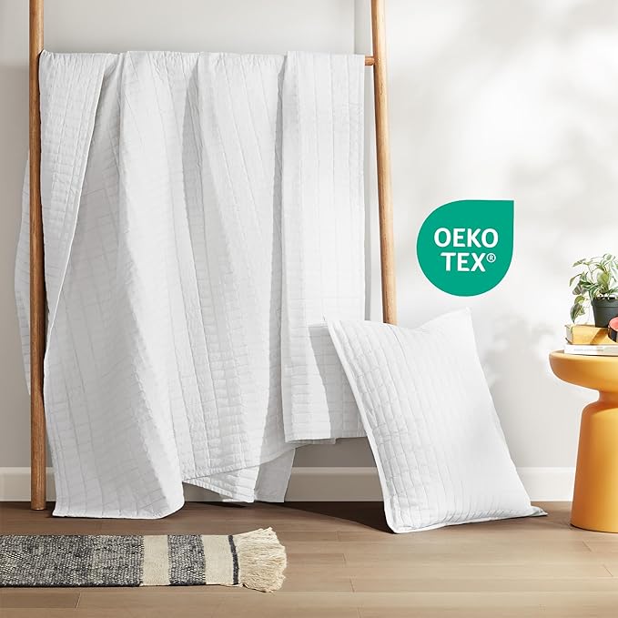 Comfort Spaces Kienna Quilt Set- Double Sided Stitching Design Summer Blanket, Lightweight, Soft, All Season Bedding Layer, Matching Sham, White, Coverlet Twin/Twin XL(66"x90") 2 Piece