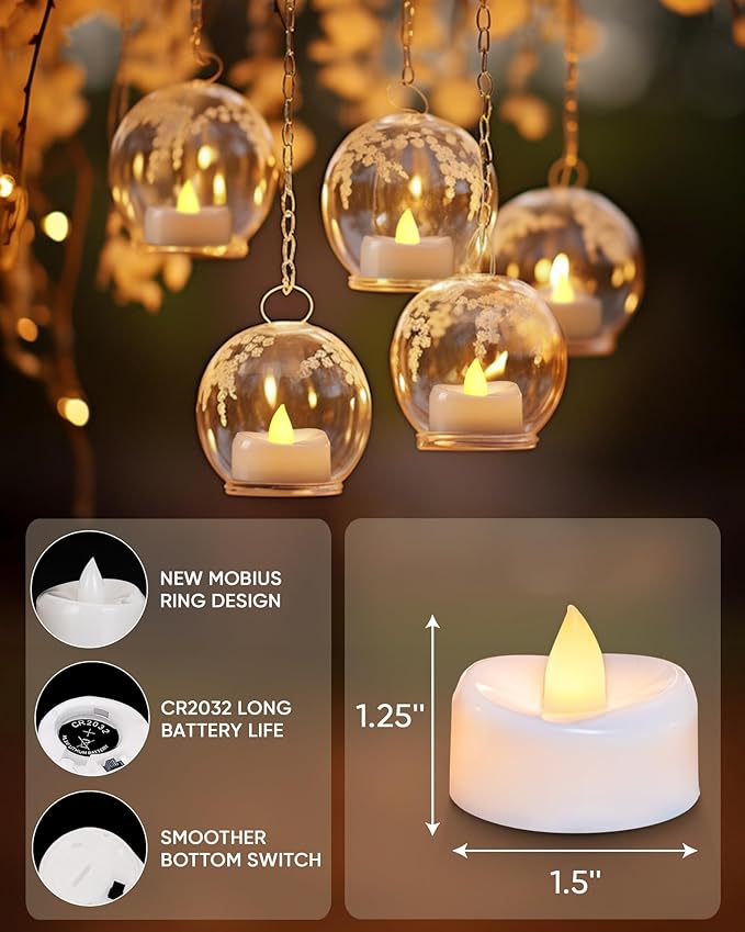LED Tea Lights, 24-Pack Battery Operated, Long-Lasting 200 Hour Flameless Candles, Flickering for Halloween & Fall, Warm Yellow, 1.5'' D x 1.25'' H