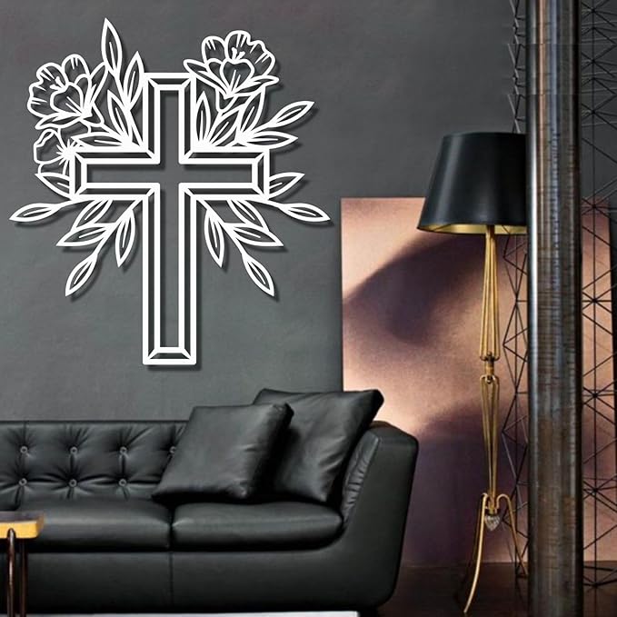 ENJOYOO Metal Cross Wall Decor, Religious Cross Decoration, Flower Metal Wall Art, Garden Wall Art Outdoor (Black, 31×29in/80×74cm, metal wall art)