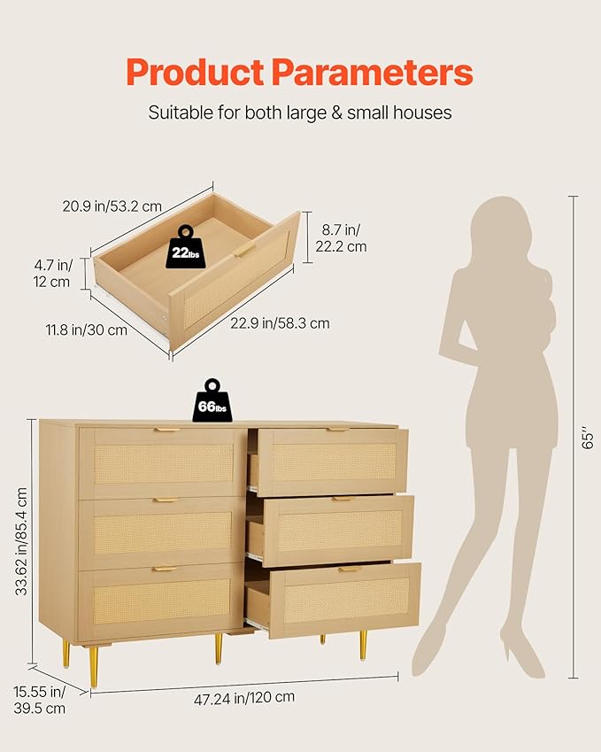 VEVOR Rattan Dresser 6 Drawer, 47.2'' Wide Boho Wood Dresser, Double Dresser Chest of Drawers with Golden Handles and Legs, TV Stand Dresser for Bedroom, Living Room, Entryway, Hallway, Natural Oak