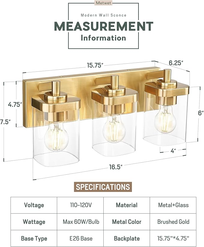 Bathroom Light Fixtures Over Mirror, 3-Light Brushed Gold Vanity Light with Square Clear Glass Shade, Modern Wall Sconces, Vanity Lighting Fixtures, VL194-BG-3