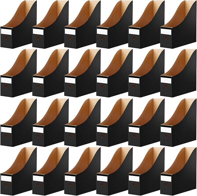 Thenshop 24 Pcs Cardboard Magazine File Holders Magazine Book Bin Box with Label Sticker Paper Organizer Storage Folder for Desk Shelves School Classroom Office Supplies(Classic,Black)