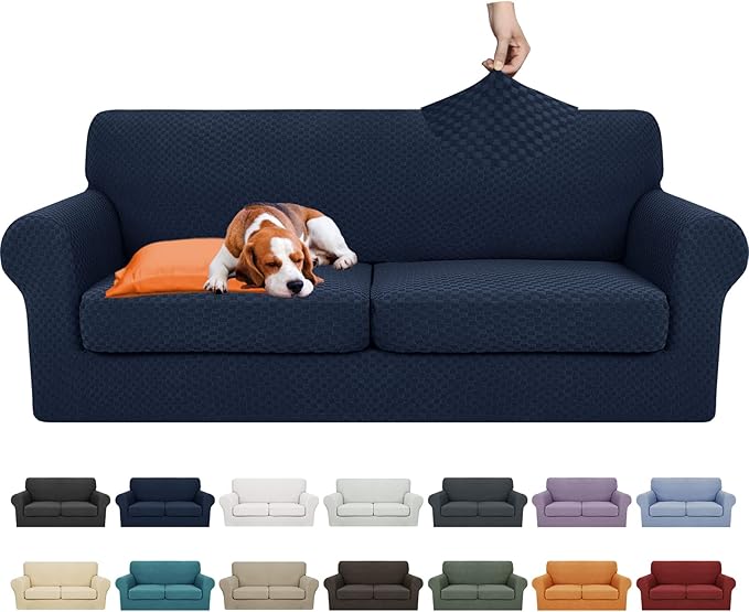YEMYHOM Latest Checkered 3 Pieces Couch Covers for 2 Cushion Couch High Stretch Sofa Cover with 2 Extra Large Seat Cushion Covers Anti Slip Elastic Slipcovers (Navy), 71"-91"(2 Cushions)