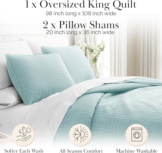 Southshore Fine Living, Inc. Oversized King Quilt Bedding Set, Soft Microfiber, Stain and Pet Hair Resistant Bedding, California/King Size Quilt Coverlet Bedspread Set with 2 Shams, Sky Blue