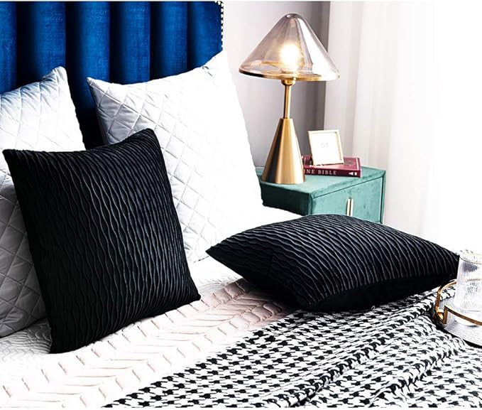 Black Striped Decorative Pillow Covers: 2 Pack 16x16 Inch Original Velvet Square Throw Pillow Cases for Farmhouse Couch
