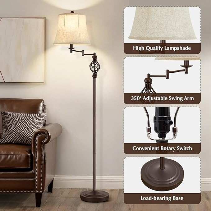 GyroVu Color Temperature Adjustable Floor lamp, Traditional 350° Adjustable Swing Arm Floor Lamp Vintage Pole lamp Farmhouse Lamp for Living Rooms, Rustic Standing Lamp for Bedroom Reading(Red Brown)