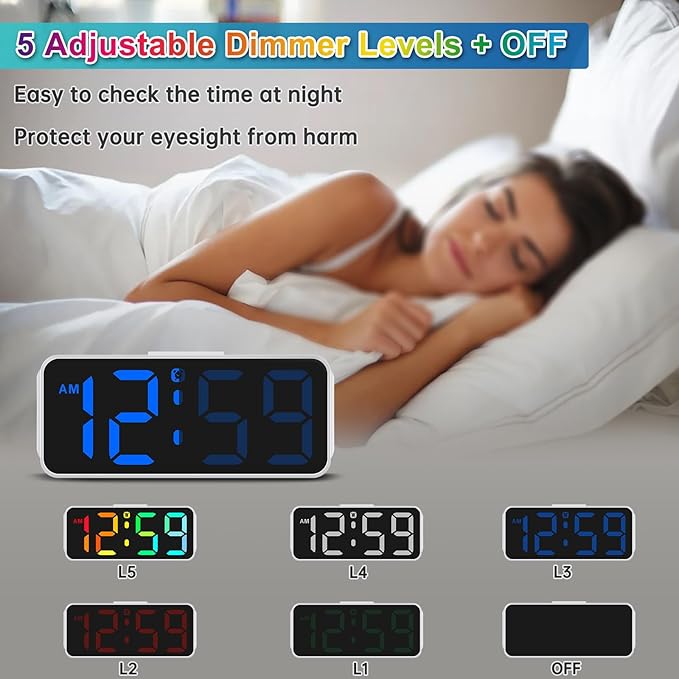 Peakeep Small Digital Alarm Clock Plug in for Kids Bedroom Bedside Nightstand, 8 RGB Colors Large Display Dimmable 6 Brightness, Corded Electric Battery Backup (White - RGB)