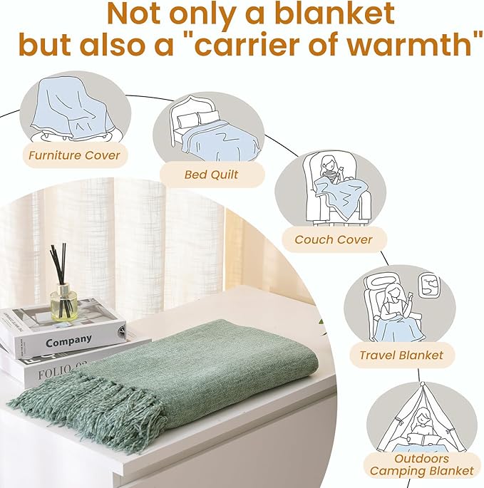 Sage Green Chenille Throw Blanket for Couch Bed，Soft Cozy Throw Blanket with Handmade Fringe, Decorative Blanket for Sofa Chair Living Room for Gift, (Sage Green)