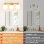 3-Light Bathroom Light Fixtures, Brushed Gold Vanity Lights for Bathroom with Milky White Glass Ball Shade, 18.9 inch Bathroom Lighting Fixtures Over Mirror, Wall Sconce for Bedroom(Bulb Not Included)
