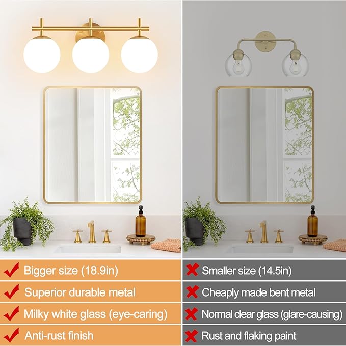 3-Light Bathroom Light Fixtures, Brushed Gold Vanity Lights for Bathroom with Milky White Glass Ball Shade, 18.9 inch Bathroom Lighting Fixtures Over Mirror, Wall Sconce for Bedroom(Bulb Not Included)