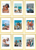 Vittanly 8x12 Picture Frames Set of 9, Shatter Resistant Plexiglass, Display 6x8 Pictures with Mat or 8x12 without Mat, Photo Frames for Wall or Tabletop, Engineered Wood, Gold