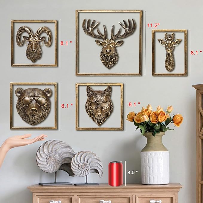 JJALIGHTS Animal Heads Wall Decor (Includes Metal Frame) Resin Animals Sculptures Head Wall Hanging Decoration Imitation Copper vintage Wall Sculpture for Living Room Bedroom Office (Wolf)