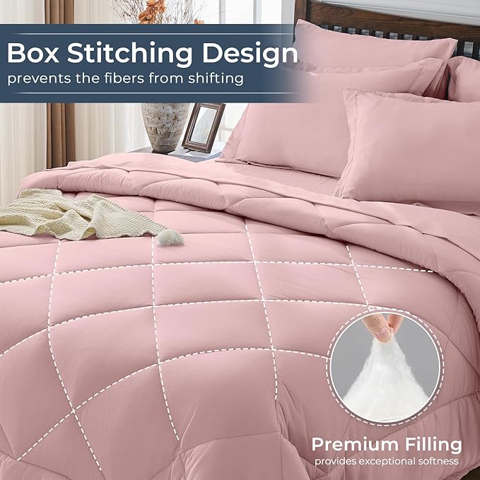 HEVUMYI Dusty Pink Full Comforter Set - 7-Piece All Season Bed in a Bag Full, Ultra Soft Bedding Set with Comforter, Flat Sheet, Fitted Sheet, Pillowcases, Pillow Shams
