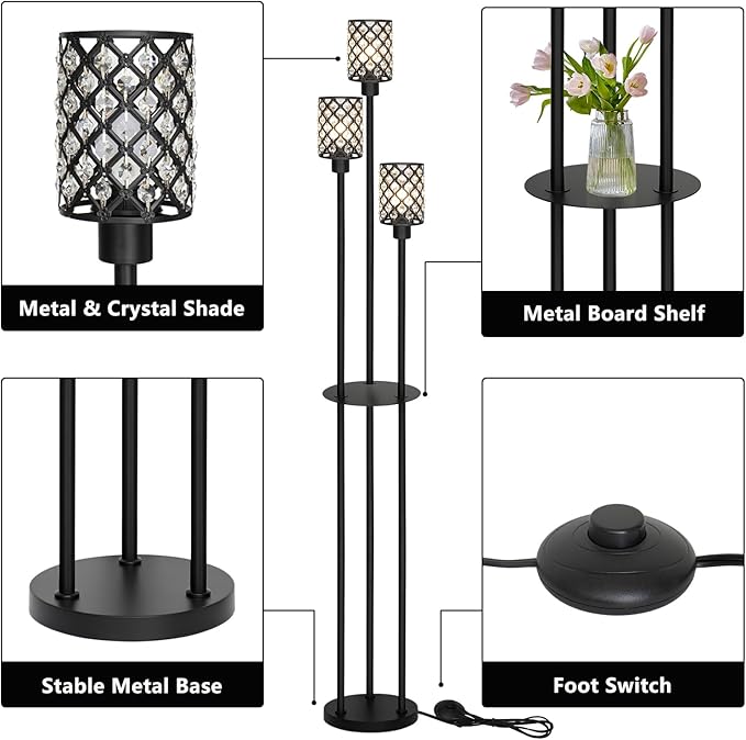 Floor Lamps for Living Room, Standing Floor Lamp with Shelves, Tall Lamp with Table, Modern Mid Century Floor Lamp with E26 Base, Coner Crystal Floor Light for Bedroom (Without Bulb)