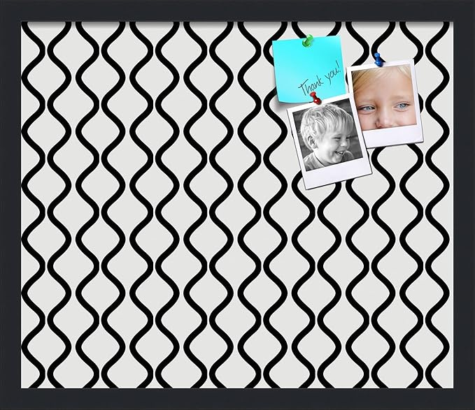 PinPix 20x17 Inch Cork Bulletin Board. This Decorative Framed Pin Board Comes with Black and White Waves Design and a Satin Black Frame. Ideal for Home Office Decor or Message Board (PinPix-194)