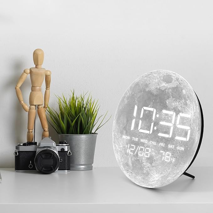Digital Wall Clock, LED Moon/Earth Design, Temperature Display, 7.87 x 7.87 inches (Moon, 7.87 INCH)