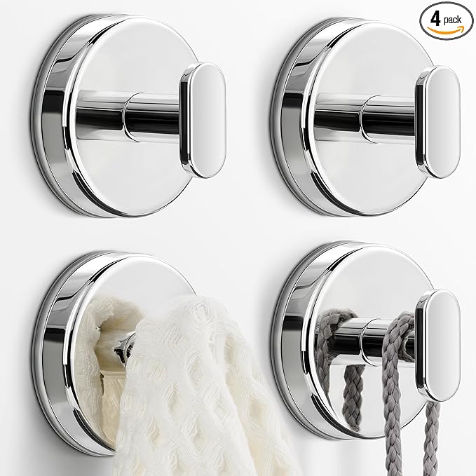 pickpiff Suction Cup Hooks for Shower: 15 LB Strong Wall Hanger for Bathroom, Front Door, Glass, Window, RV, Holder for Towel, Christmas Wreath, Coat, Loofah, Waterproof & Reusable, Silver 4-Pack