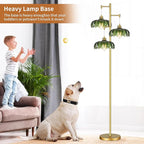 Glass Gold Floor Lamp for Living Room,Bedroom,Mid Century Modern Standing Lamp Brass Tree 3 Light Tall Floor Lamps Vintage Retro Floor Lights Green Flower Lamp Shade Farmhouse Boho Bohemian