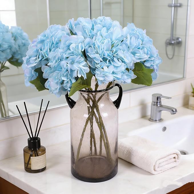Kimura's Cabin 6pcs Blue Artificial Silk Flowers Fake Hydrangeas Flower with Stems Faux Hydrangea Bouquets for Home Wedding Party Table Core Decoration (Blue, Pack of 6)