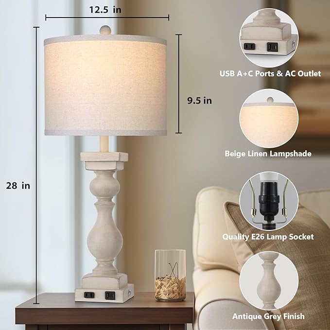 28" Tall Farmhouse Table Lamps Set of 2 with USB C+A Ports and AC Outlet, 3 Way Touch Tall Rustic Bedside Lamps for Living Room, Cream Vintage Lamps for Bedroom