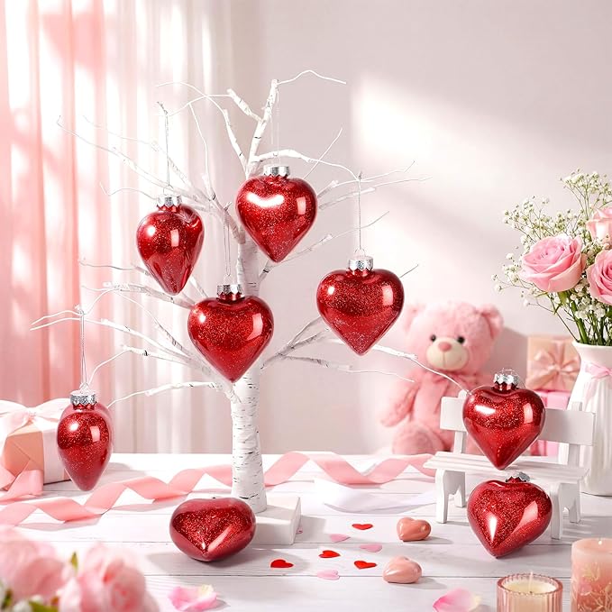 Civaner 12 Pcs Large Valentine's Day Heart Shaped Ornaments Outdoor, Glitter Heart Shaped Baubles with Pre-Strung Wire, Romantic Home Hanging Decorations for Valentine Tree (Red)