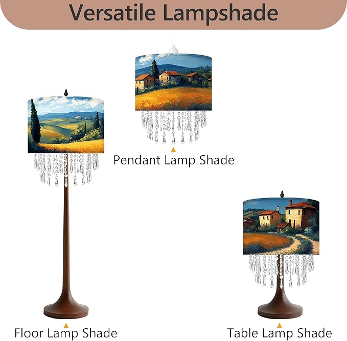 Pastoral Landscape Lamp Shade with Acrylic Bead Droplets, Drum Fabric Light Shade for Ceiling Pendant Table & Floor Lamps, Farmhouse Country Style Decor, 11.8in
