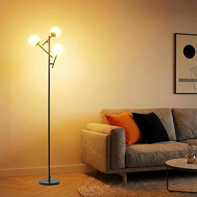 Fiqevs Globe Floor Lamp with 3 Adjustable Glass Ball Lampshade, Black Mid Modern Standing Lamp Bulbs Included, Sputnik Tree Tall Pole Lamp for Living Room, Bedroom