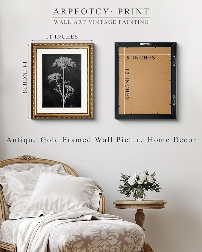 ARPEOTCY Vintage Gold Framed Wall Art Decor, Moody White Flower Picture, Dark Botanical Wall Art for Living Room, Farmhouse Bathroom Decor Aesthetic, Rustic Home Decor, 11x14 Inch