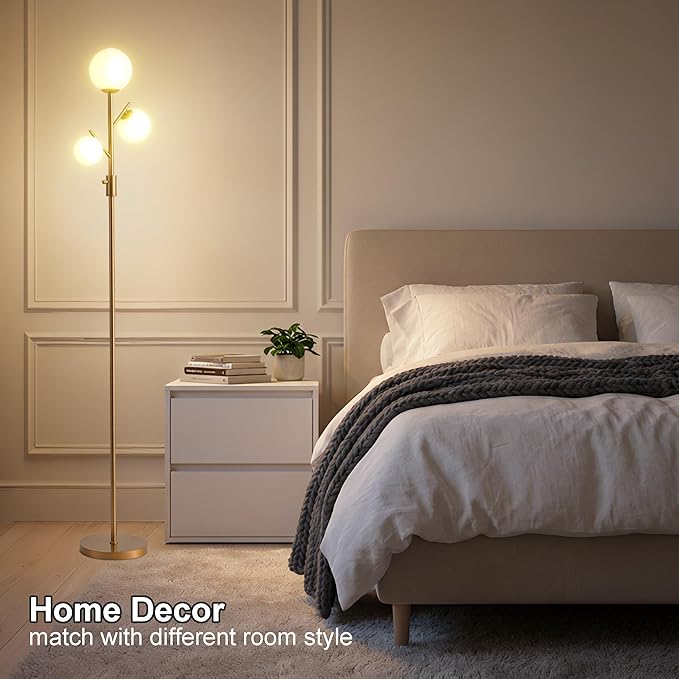 Fiqevs Upgraded Dimmable Globe Floor Lamp for Living Room, Mid Century Modern Gold Tree Floor Lamps with LED Bulbs, Elegant Standing Lamp for Bedroom Office Dining Room