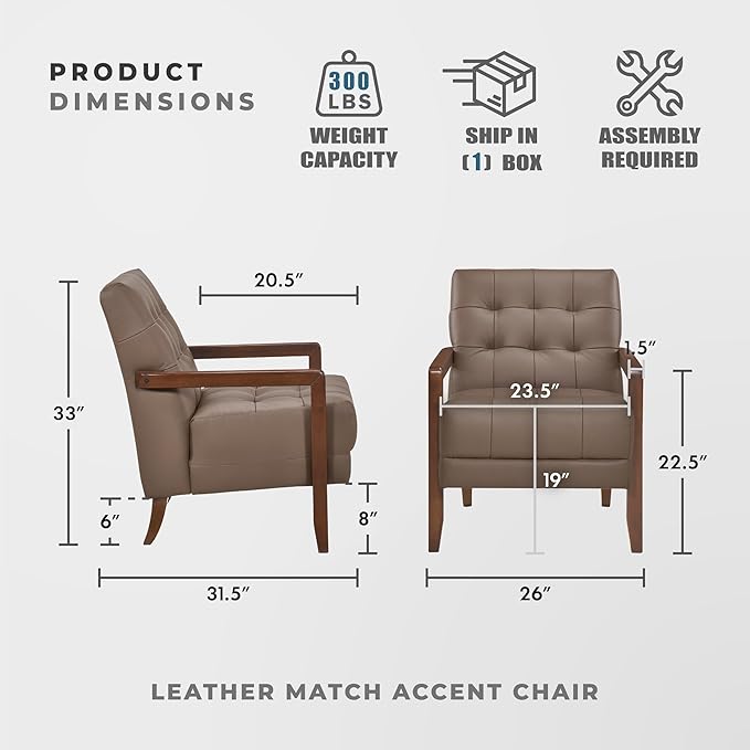 Lexicon Modern Accent Chair, Luxury Genuine Leather Match Living Room Chair with Tufted Cushions, Solid Wood Frame and Arm Rest, Comfy Upholstered Single Seat for Bedroom/Reading/Office, Brown