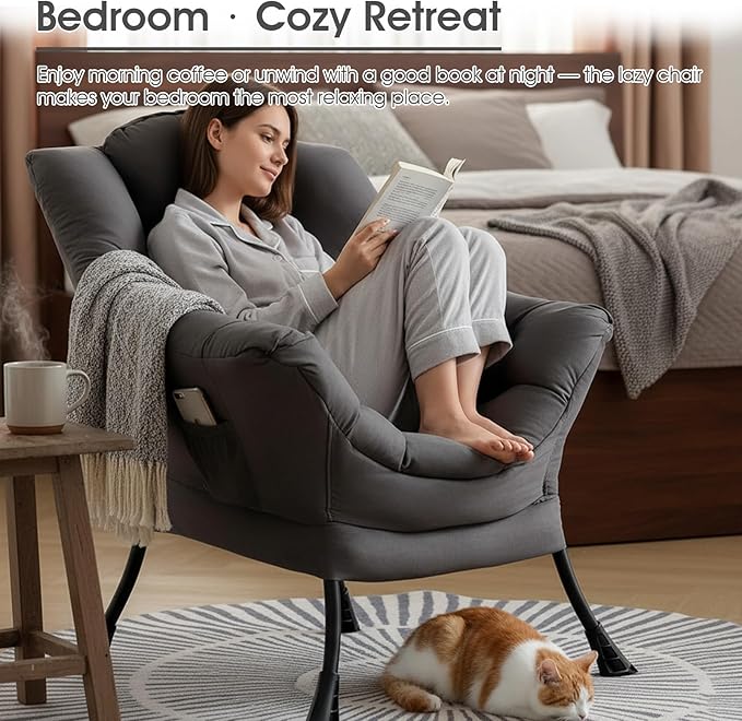 Lazy Chair for Living Room, Large Dark Grey Lounge Accent Chair with a Throw Pillow, Leisure Sofa Chair Set, Comfy Reading Chair for Bedroom, Dorm Room, Office