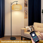 Arc Floor Lamps for Living Room Rattan Boho Floor Lamp with Remote Control,Dimmable LED Floor Lamps Black Standing Lamp with 3 Color Temperature Tall Floor Lamp for Bedroom Corner