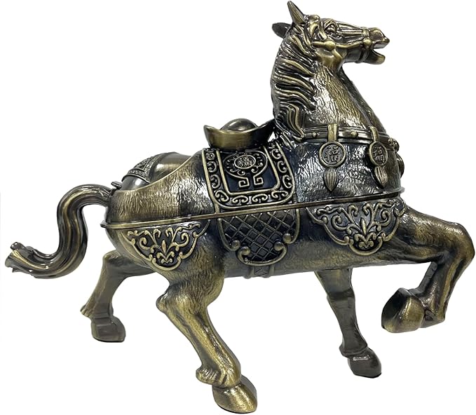 Metal Ornament Galloping Horse Statue Classic Bronze Finish Luxury Home Decor Multi Functional Sculpture for Living Room Office Desk Feng Shui Art with Set of 5 Lucky Charm Ancient Coins (D4 Brass)