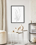 Holding Hands Wall Art Interlocking Fingers Connection Continuous Line Drawing 16x20 Inch Oak Wood Black Framed Modern Minimalist Unity Print for Bedroom