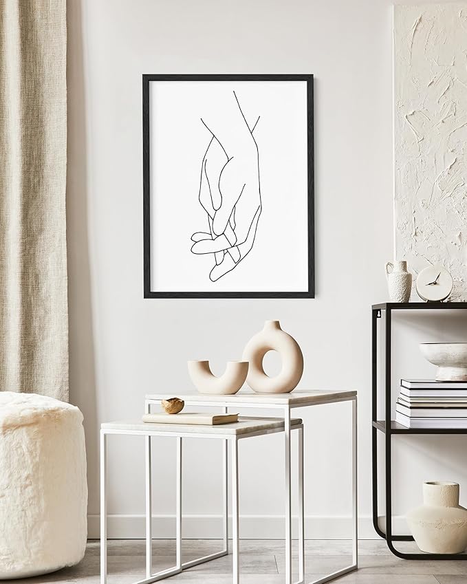 Holding Hands Wall Art Interlocking Fingers Connection Continuous Line Drawing 16x20 Inch Oak Wood Black Framed Modern Minimalist Unity Print for Bedroom