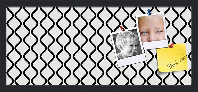 PinPix 28x12 Inch Cork Bulletin Board. This Decorative Framed Pin Board Comes with Black and White Waves Design and a Satin Black Frame. Ideal for Home Office Decor or Message Board (PinPix-194)