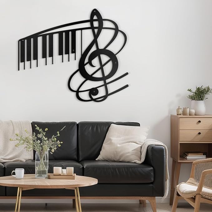 SIGNLEADER Metal Wall Art Music Note Decor - Treble Clef with Piano Key Modern Abstract Wall Sculpture Hanging Home Decoration for Living Room, Bedroom, Bathroom, Kitchen, Studio, Outdoor - 36" Black