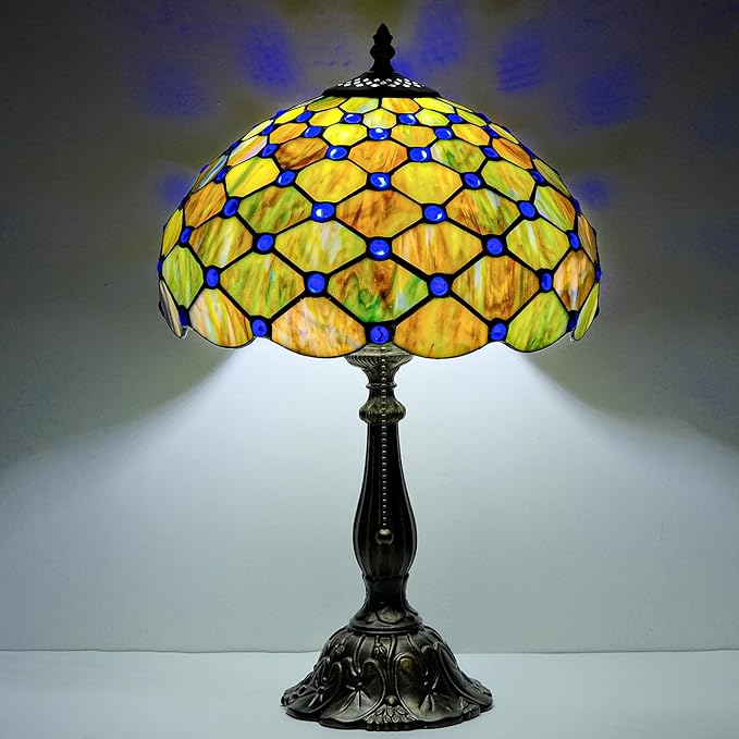 Tiffany Lamp Gradient Green Stained Glass Table Lamp Desk Bedside Reading Light Decor Bedroom Living Room Home Office D12*H18 Inches