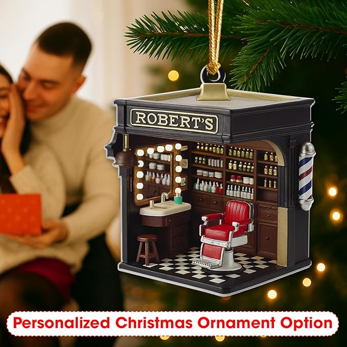 Personalized Barbershop Christmas Ornament, Custom Name Barber Shop Holiday Decor, Acrylic Flat Ornament Gift for Hairdresser & Stylist