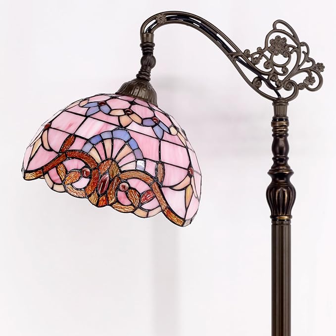 WERFACTORY Tiffany Floor Lamp Pink Baroque Stained Glass Arched Lamp 12X18X64 Inches Gooseneck Adjustable Corner Standing Reading Light Decor Bedroom Living Room S003P Series