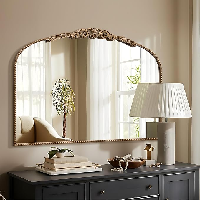 Besdomus Gold Large Fireplace Mirror: 48"x 33" Baroque Vintage Mirror - Traditional Ornate Antique Arched Mirrors for Bathroom/Wall/Vanity/Mantel/Bedroom/Entryway/Hallway - Home Decor for Living Room