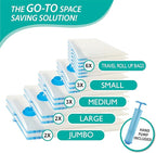 16 Pack Vacuum Storage Bags, Space Saver Bags (2Jumbo/2Large/3Medium/3Small/6Roll) Compression Storage Bags for Comforters and Blankets, Vacuum Sealer Bags for Clothes Storage, Hand Pump Included