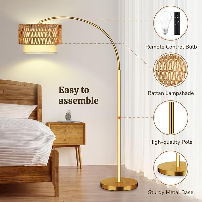 Gold Floor Lamps for Living Room, Arc Floor Lamp with Remote & Dimmable Bulb, Boho Standing lamp with 3 Color Temperatures, Adjustable Rattan & Fabric Shades Tall Lamp, Over Couch Reading Lamp