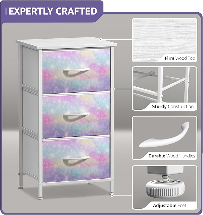 Sorbus Nightstand with 3 Drawers - Bedside Furniture & Accent End Table Chest for Home, Bedroom Accessories, Office, College Dorm, Steel Frame, Wood Top, Pastel Fabric Bins