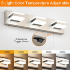 SOLFART Vanity Lighting Over Mirror, 3 Lights Brushed Nickel Bathroom Light, Modern LED Light Fixtures, 5 Color Temperature Adjustable Modern Light for Bathroom