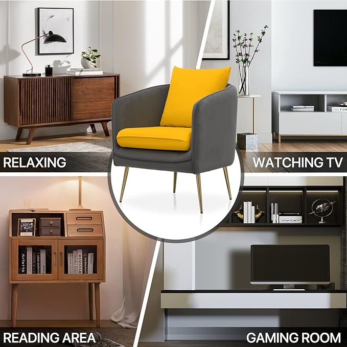 MoNiBloom Sofa Chair Arm Chair Living Room Bedroom Reading Chair, Yellow/Gray Contrasting Colors Upholstered Bedroom Barrel Chair with Backrest Pillow, Mid Century Modern Comfy Suede Singel Armchair