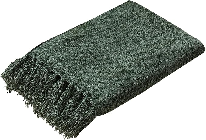 Olive Green Chenille Throw Blanket for Couch Bed，Soft Cozy Throw Blanket with Handmade Fringe, Decorative Blanket for Sofa Chair Living Room for Gift, (Olive Green)