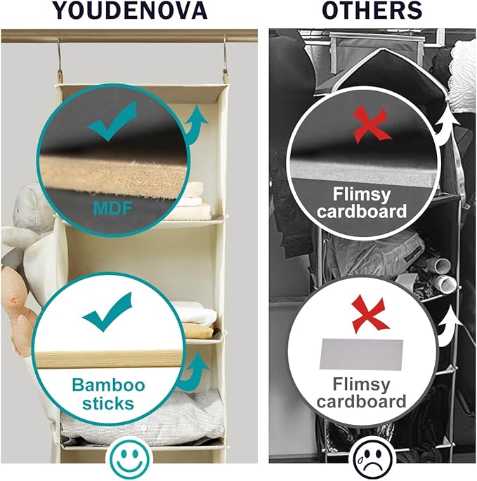 YOUDENOVA Hanging Closet Organizer, 6-Shelf Closet Hanging Storage with Side Pockets, Beige | with Side Pockets