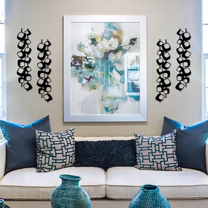 ruelen Mid Century Abstract Metal Wall Art Sculpture - Textured Geometric Decor, Set of 4, 3D Black Vertical and Elegant Design for Living Room, Bedroom, Office, Home (15.7x3.9in)