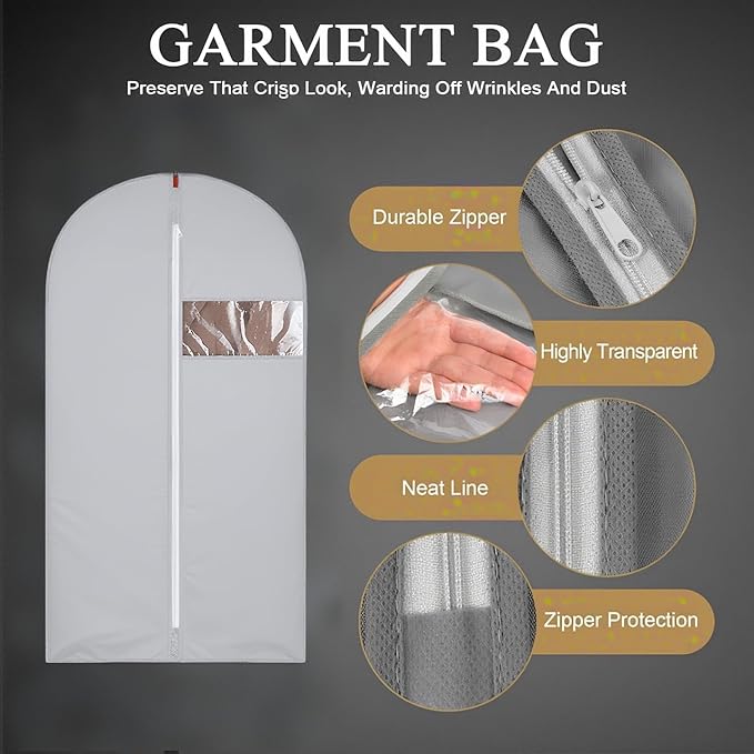 47-Inch Garment Bags Covers,Hanging Clothes Bag, Suit Cover Bags with Clear Window for Hanging Closet Clothes Storage and Travel (Gray-47Inch)